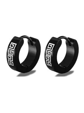 Black Greek Key Huggie Hoop Earrings 20G 8mm Stainless Steel